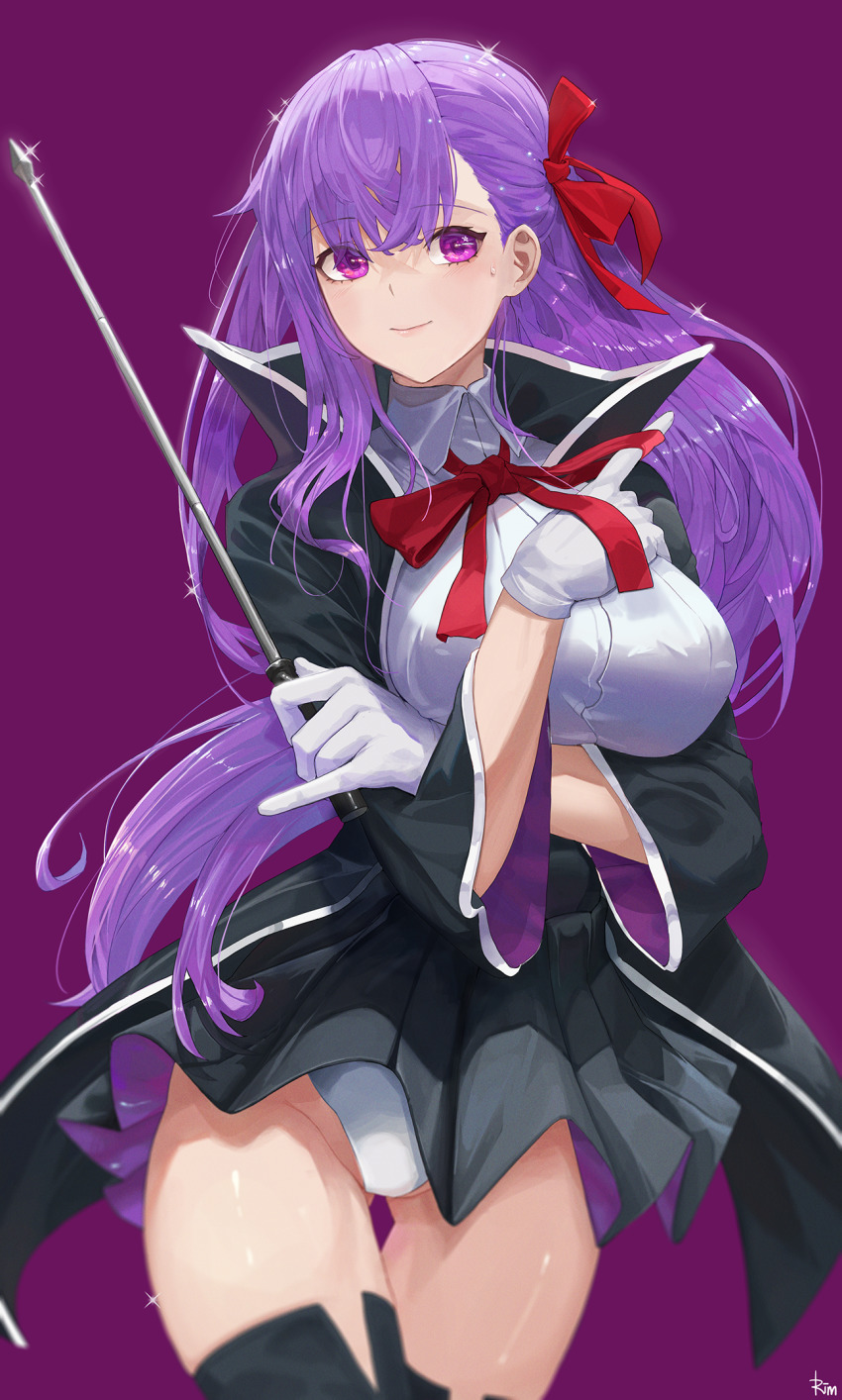 1girl, bb_(fate), bb_(fate/extra), black_coat, black_skirt, blush, breasts, coat, fate/extra, fate/extra_ccc, fate_(series), gloves, hair_ribbon, high-waist_skirt, highres, large_breasts, leotard, long_hair, long_sleeves, looking_at_viewer, neck_ribbon, open_clothes, open_coat, popped_collar, purple_background, purple_eyes, purple_hair, red_ribbon, ribbon, rim_(rimgrim), skirt, smile, solo, thighs, very_long_hair, white_gloves, white_leotard, wide_sleeves