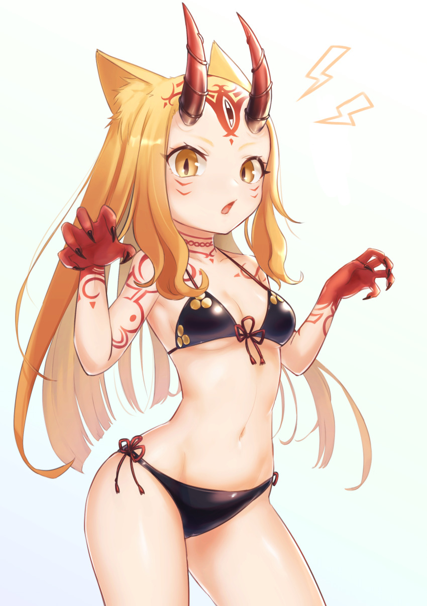 1girl, absurdres, animal_ears, bare_shoulders, bikini, black_bikini, blonde_hair, breasts, cat_ears, claw_pose, collarbone, facial_mark, fate/grand_order, fate_(series), forehead, forehead_mark, hair_pulled_back, highres, horns, ibaraki_douji_(fate), ibaraki_douji_(swimsuit_lancer)_(fate), ibaraki_douji_(swimsuit_lancer)_(first_ascension)_(fate), long_hair, looking_at_viewer, navel, nupy22, oni, oni_horns, open_mouth, small_breasts, solo, swimsuit, tattoo, thighs, yellow_eyes