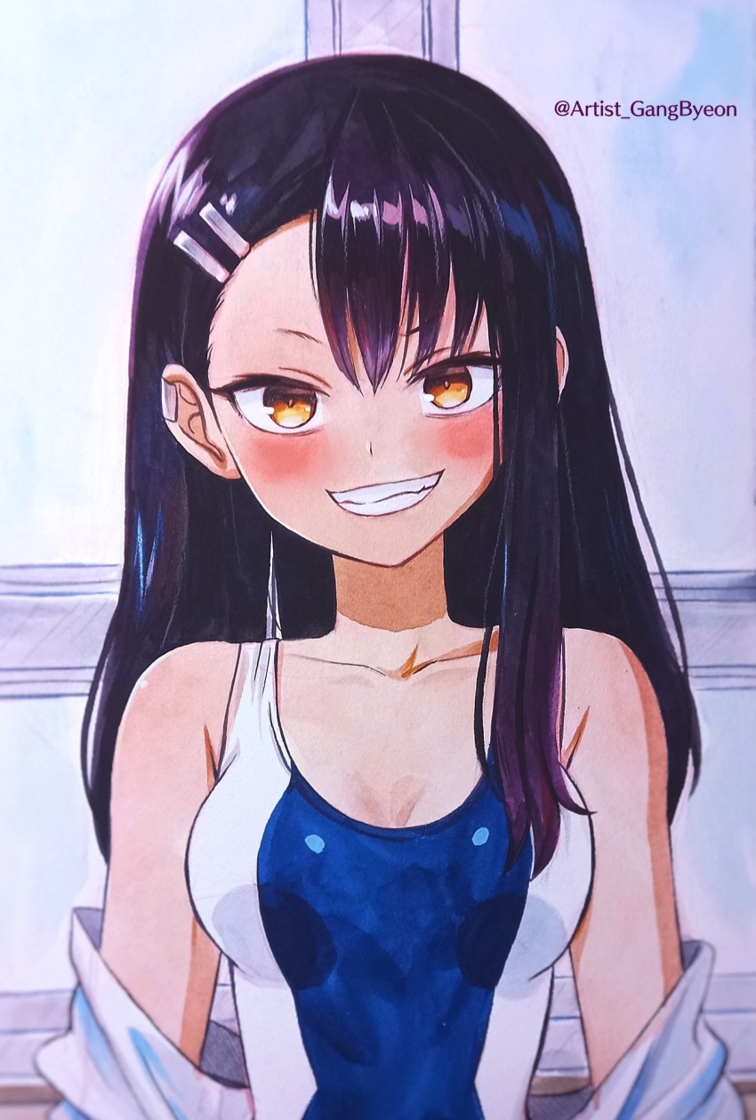 1girl, black_hair, blush, brown_eyes, gangbyeon, grin, highres, ijiranaide_nagatoro-san