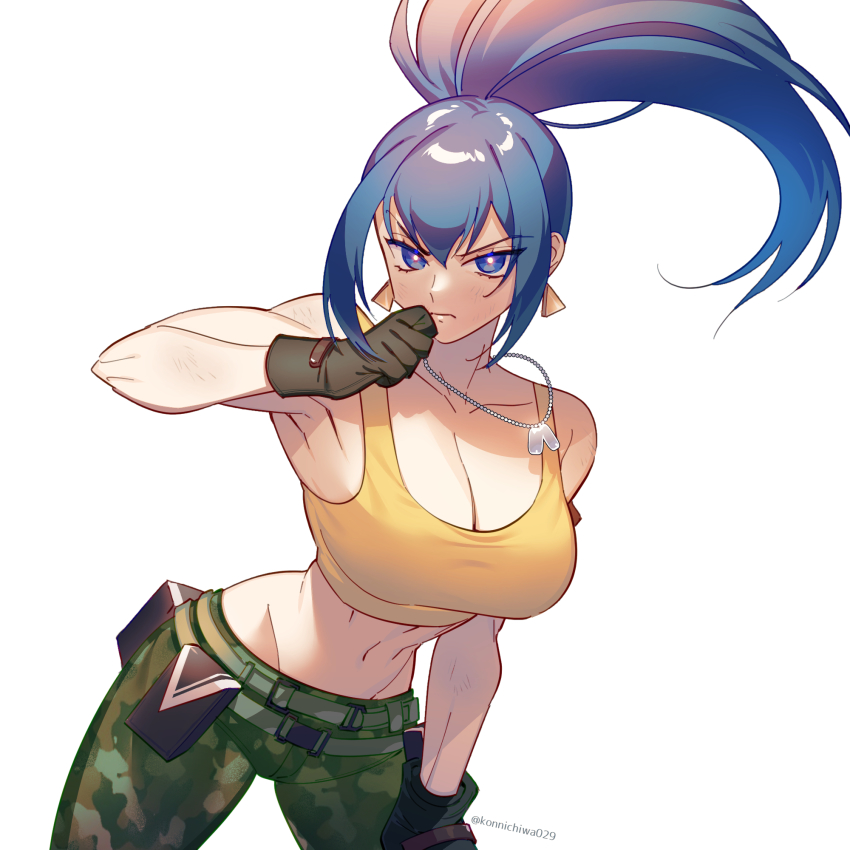 1girl, bare_shoulders, blue_eyes, blue_hair, breasts, camouflage, camouflage_pants, cleavage, closed_mouth, dog_tags, earrings, gloves, hand_on_leg, highres, jewelry, large_breasts, leona_heidern, long_hair, otoseto, pants, pocket, ponytail, serious, simple_background, sleeveless, solo, tank_top, the_king_of_fighters, the_king_of_fighters_xiv, the_king_of_fighters_xv, triangle_earrings, white_background, yellow_tank_top