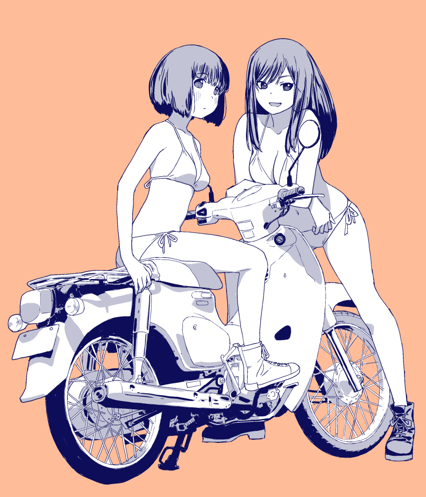 2girls, absurdres, bikini, blush, bob_cut, boots, commentary_request, halterneck, high_tops, highres, honda_super_cub, koguma_(super_cub), lace-up_boots, limited_palette, long_hair, modeling, moped, motor_vehicle, multiple_girls, onsen_tamago_(hs_egg), reiko_(super_cub), shoes, short_hair, side-tie_bikini_bottom, simple_background, sneakers, string_bikini, super_cub, swimsuit