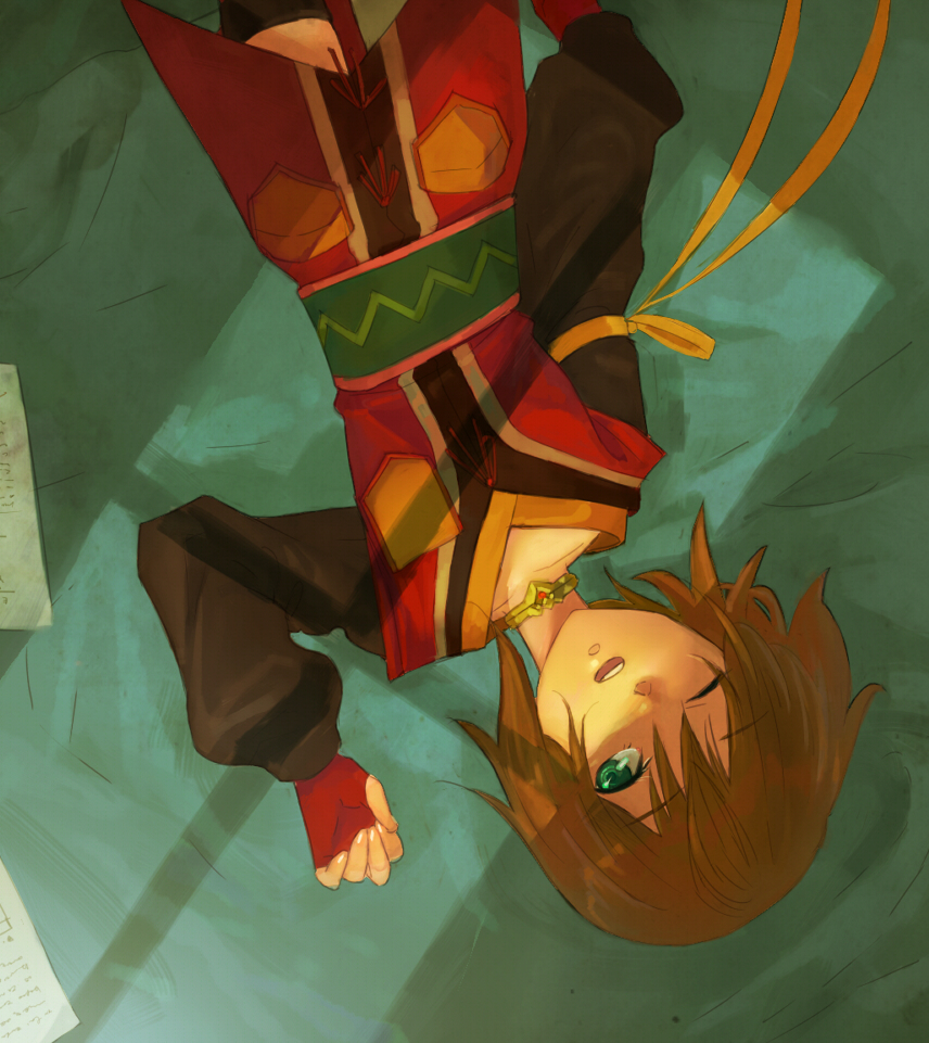 00s, 1girl, brown_hair, choker, female_focus, gloves, green_eyes, lying, one_eye_closed, rita_mordio, short_hair, solo, suka_k, tales_of_(series), tales_of_vesperia, thighhighs, upside-down, wink