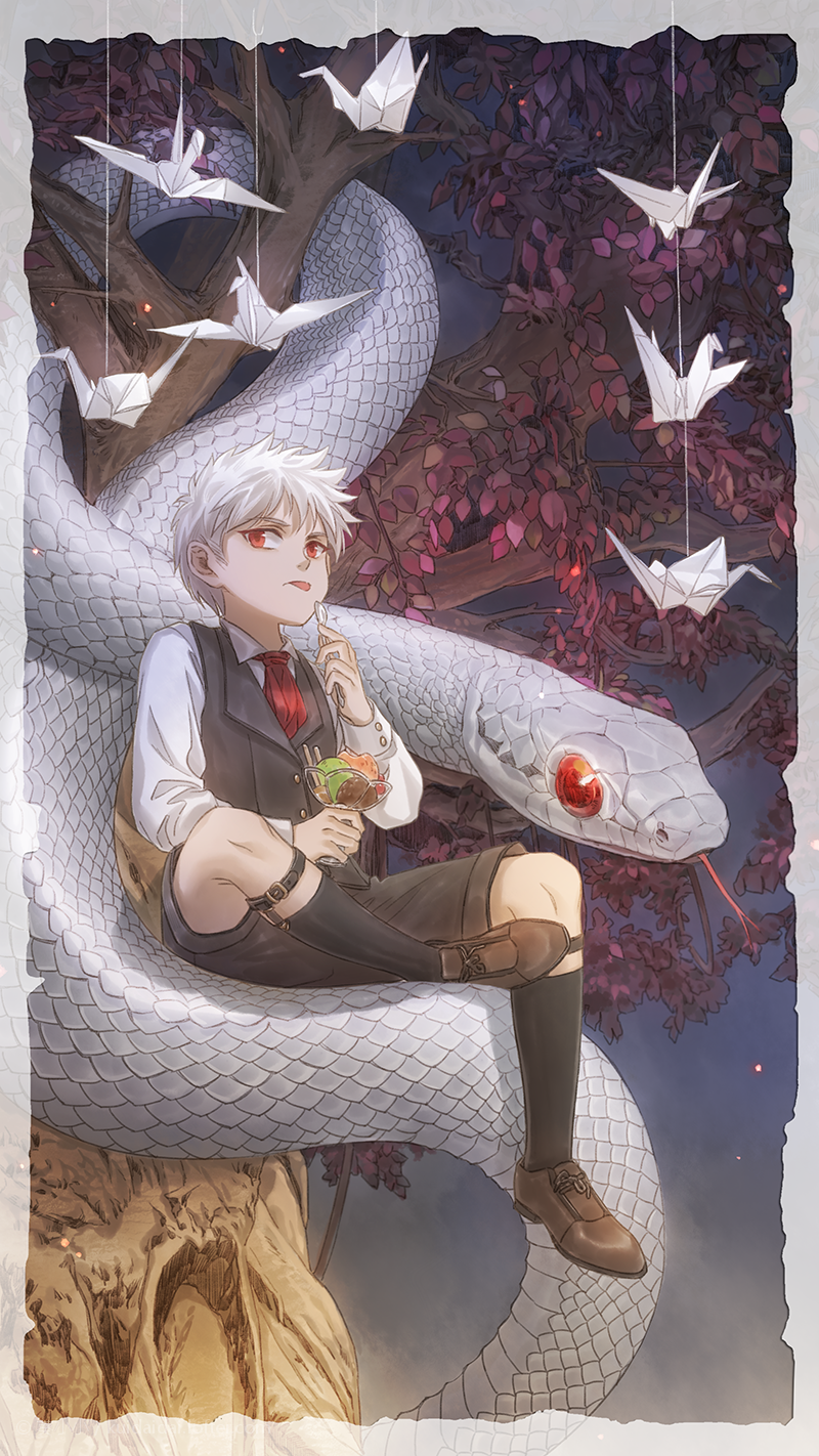 1boy, branch, brown_footwear, child, food, forked_tongue, giant_snake, glass, highres, ice_cream, kuidaidai, leaf, looking_at_viewer, lord_of_the_mysteries, origami, oversized_animal, paper_crane, red_eyes, red_neckwear, scales, shirt, short_hair, snake, solo, spoon, string, tongue, tongue_out, tree, white_hair, white_shirt, white_snake, will_auceptin_ceres
