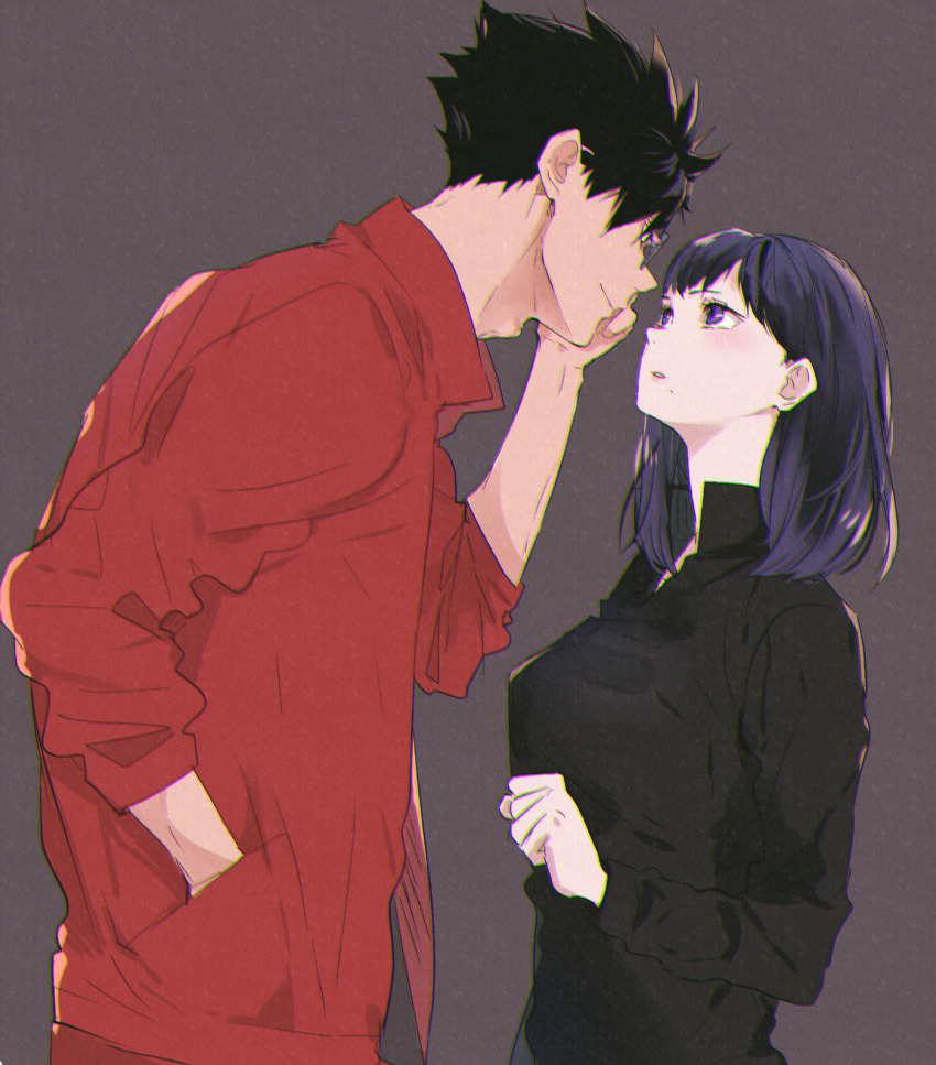 1boy, 1girl, adam's_apple, arm_up, bad_id, bad_pixiv_id, black_hair, black_jacket, borrowed_clothes, breasts, clenched_hand, ebi_(eeemimn), eye_contact, eyewear_switch, haikyuu!!, hand_in_pocket, hand_up, height_difference, highres, jacket, kuroo_tetsurou, long_sleeves, looking_at_another, medium_hair, mole, mole_under_mouth, no_eyewear, parted_lips, red_jacket, shimizu_kiyoko, short_hair, simple_background, smile, track_jacket, upper_body