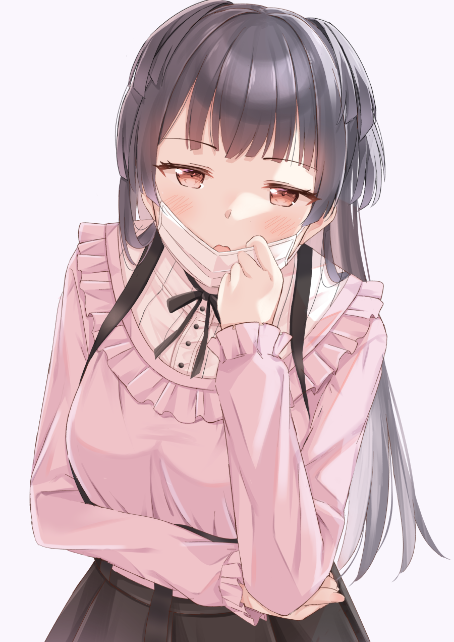 1girl, black_hair, black_skirt, blouse, blunt_bangs, brown_eyes, highres, idolmaster