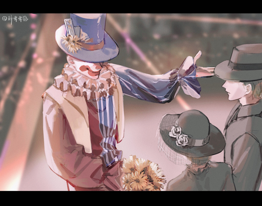 1girl, 2boys, allsinbad, benson_moretti, black_hair, black_headwear, black_suit, blue_headwear, bouquet, clown, dress, flower, hat, hidden_eyes, highres, klein_moretti, looking_at_another, lord_of_the_mysteries, melissa_moretti, multiple_boys, open_arms, shirt, smile, suit, top_hat, veil