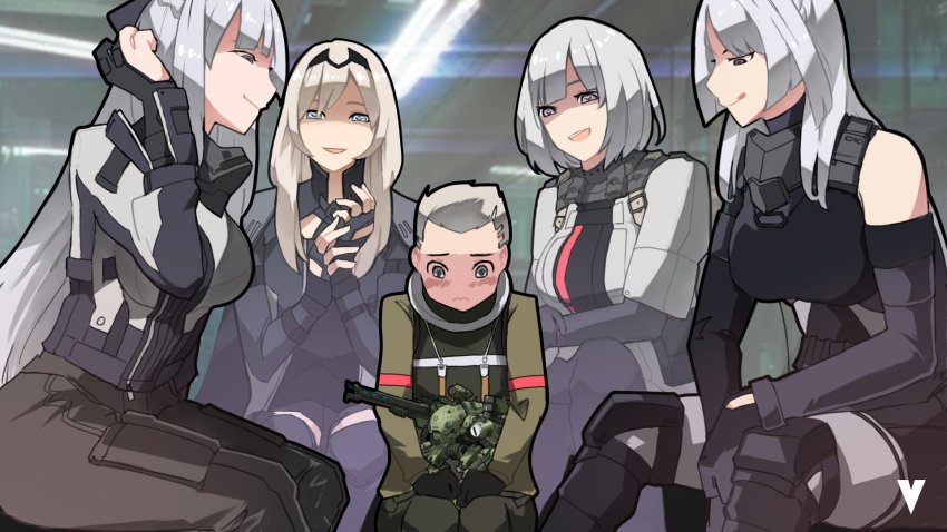 1boy, 4girls, :d, aa-02_sinner_(girls'_frontline), aged_down, ak-12_(girls'_frontline), ak-15_(girls'_frontline), an-94_(girls'_frontline), bare_shoulders, blue_eyes, blush, defy_(girls'_frontline), fingerless_gloves, girls'_frontline, gloves, hairband, highres, licking_lips, long_hair, multiple_girls, open_clothes, open_mouth, partially_fingerless_gloves, platinum_blonde_hair, purple_eyes, rpk-16_(girls'_frontline), short_hair, shota, silver_hair, sitting, smile, tactical_clothes, tongue, tongue_out, unusually_open_eyes, variasii, yegor_(girls'_frontline)