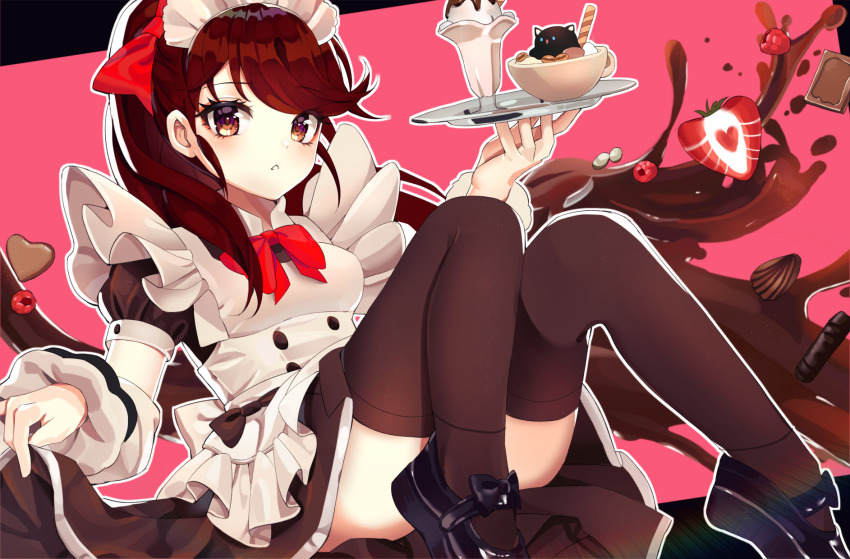 1girl, alternate_costume, black_thighhighs, bow, candy, cappu, cat, chocolate