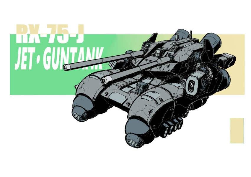 absurdres, arm_cannon, character_name, gundam, guntank, highres, mecha, mecha_focus, military, military_vehicle, missile_pod, mobile_suit_gundam, motor_vehicle, no_humans, redesign, robot, science_fiction, solo, tank, turret, v32, visor, weapon