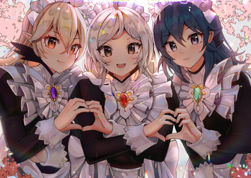 3girls, absurdres, alternate_costume, blue_hair, brown_eyes, cappu, commentary, female_corrin_(fire_emblem), crossed_arms, enmaided, female_byleth_(fire_emblem), female_robin_(fire_emblem), fire_emblem, fire_emblem:_three_houses, fire_emblem_awakening, fire_emblem_fates, gem, hair_between_eyes, heart, heart_hands, heart_hands_duo, highres, huge_filesize, long_hair, looking_at_viewer, maid, maid_headdress, medium_hair, multiple_girls, nintendo, open_mouth, orange_eyes, purple_eyes, rainbow, silver_hair, smile, twintails