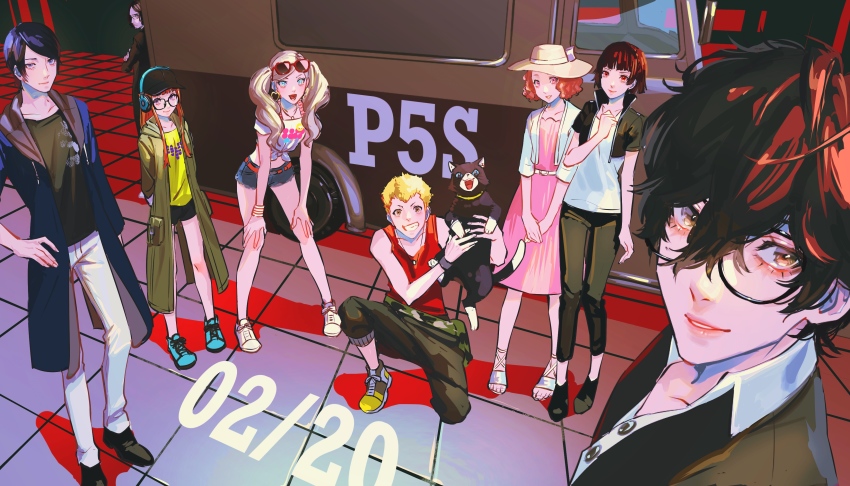 4girls, 5boys, absurdres, amamiya_ren, animal, arm_up, arms_behind_back, beard, belt, bent_over, black_cat, black_footwear, black_hair, black_headwear, black_jacket, black_legwear, black_shirt, black_shorts, black_suit, blonde_hair, blue_eyes, blue_footwear, blue_hair, blue_jacket, blue_shorts, blunt_bangs, bow, braid, brown_hair, cat, collar, collared_jacket, collared_shirt, crop_top, cropped_jacket, crossed_arms, crown_braid, curly_hair, dated, denim, denim_shorts, dress, earrings, eyewear_on_head, facial_hair, formal_clothes, glasses, goatee, green_jacket, green_legwear, hair_between_eyes, hand_on_own_hip, hands_on_own_knees, hands_up, hasegawa_zenkichi, hat, hat_bow, head_tilt, headphones, headphones_over_headwear, heart, heart_earrings, high_collar, highres, hime_cut, holding, holding_animal, holding_cat, hood, hood_down, hooded_coat, hooded_jacket, jacket, jeans, jewelry, kitagawa_yuusuke, knee_up, large_hat, leaning_back, leaning_on_object, leg_up, legs_apart, light_smile, logo, long_hair, long_jacket, long_sleeves, looking_back, midriff, morgana_(cat)_(persona_5), morgana_(persona_5), motor_vehicle, multiple_boys, multiple_girls, necklace, niijima_makoto, off-shoulder_shirt, off_shoulder, okumura_haru, on_one_knee, open_mouth, orange_belt, orange_hair, pants, parted_lips, persona, persona_5, persona_5_scramble:_the_phantom_strikers, pink_dress, purple_eyes, red_eyes, red_tank_top, red_vest, sageo_yn, sakamoto_ryuuji, sakura_futaba, shirt, shoes, short_hair, short_shorts, short_sleeves, shorts, sleeves_rolled_up, smile, suit, sunglasses, swept_bangs, t-shirt, takamaki_anne, tank_top, teeth, tied_shirt, tiles, turning_head, twintails, v_arms, van, vest, wavy_hair, white_belt, white_bow, white_collar, white_footwear, white_jacket, white_legwear, white_shirt, wristband, yellow_shirt, yellow_shoes