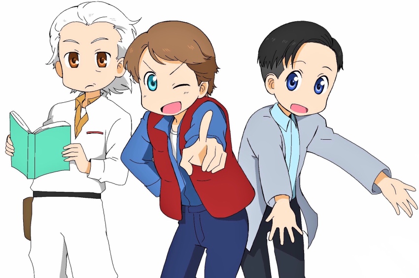 3boys, back_to_the_future, blue_eyes, brown_hair, christopher_lloyd, emmett_brown, george_mcfly, highres, marty_mcfly, michael_j._fox, multiple_boys, nichijou, one_eye_closed, parody, tagme, universal_studios