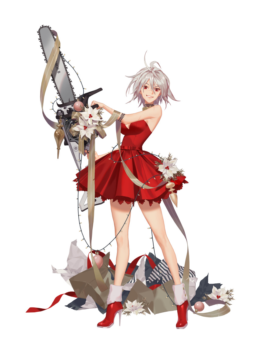 1girl, absurdres, antenna_hair, bare_shoulders, black_survival, boots, breasts, chainsaw