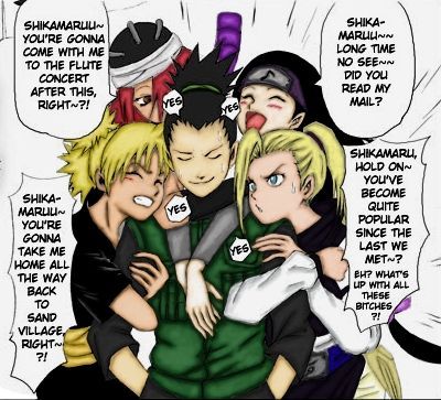>:/, 1boy, 4girls, :/, :d, ^_^, angry, annoyed, arm_hug, arms_around_neck, bandages, bare_shoulders, black_hair, blonde_hair, blue_eyes, blush, closed_eyes, colorized, comic, cropped, detached_sleeves, emphasis_lines, english_text, forehead_protector, grey_eyes, grin, hair_ribbon, hair_tie, hands_in_pockets, happy, hard-translated, harem, hat, head_tilt, headband, high_ponytail, hug, hug_from_behind, keroyon-jima, kin_tsuchi, konohagakure_symbol, light_smile, long_hair, looking_at_another, low-tied_long_hair, lowres, multiple_girls, musical_note, nara_shikamaru, naruto_(classic), naruto_(series), ninja, open_mouth, parted_bangs, pimp, ponytail, quad_tails, quaver, red_eyes, red_hair, ribbon, rope, sash, short_hair, short_ponytail, short_sleeves, sime, simple_background, smile, smirk, speech_bubble, spiked_hair, sweatdrop, tagme, tayuya_(naruto), temari_(naruto), text_focus, third-party_edit, translated, v-shaped_eyebrows, very_long_hair, vest, white_background, yamanaka_ino