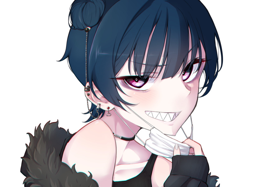 1girl, alternate_hair_length, alternate_hairstyle, black_camisole, black_choker, black_jacket, blue_hair, camisole, choker, earclip, earrings, fingernails, from_side, grey_nails, hair_bun, highres, jacket, jewelry, linked_piercing, long_sleeves, looi_lan, looking_at_viewer, looking_to_the_side, love_live!, love_live!_sunshine!!, mask, mask_pull, mouth_mask, nail_polish, nasuno_(nasuno42), piercing, purple_eyes, sharp_teeth, short_hair, simple_background, single_hair_bun, smile, solo, surgical_mask, teeth, tsushima_yoshiko, upper_body, white_background
