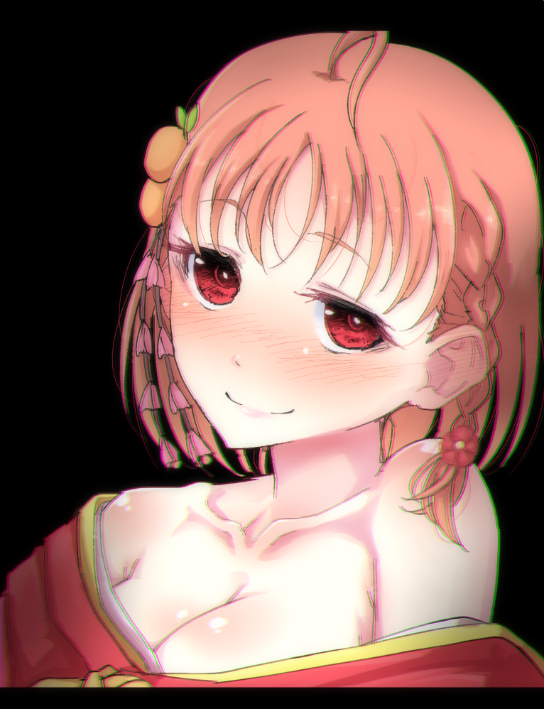 1girl, ahoge, black_background, blush, braid, breasts, chromatic_aberration, cleavage