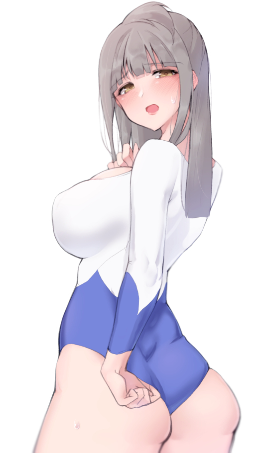 1girl, adjusting_clothes, adjusting_leotard, asakura_minami, ass, blunt_bangs, blush, breasts