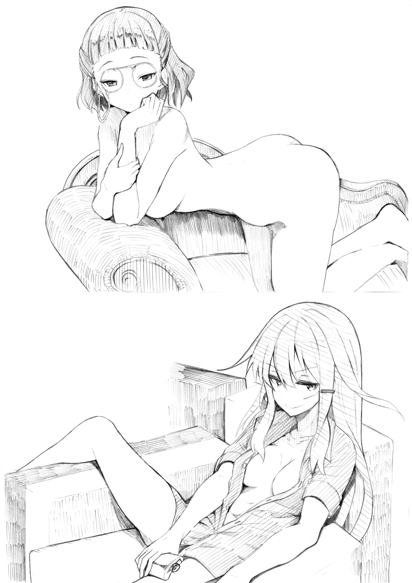 2girls, absurdres, all_fours, ass, blunt_bangs, breasts, closed_mouth, couch, eyewear_strap, gangut_(kancolle), glasses, greyscale, hair_between_eyes, hair_ornament, hairclip, headdress, highres, holding, kantai_collection, large_breasts, lineart, long_hair, monochrome, multiple_girls, nude, open_clothes, open_shirt, pince-nez, roma_(kancolle), scar, scar_on_face, shirt, short_hair, short_sleeves, simple_background, sitting, smile, traditional_media, tsuji_kazuho