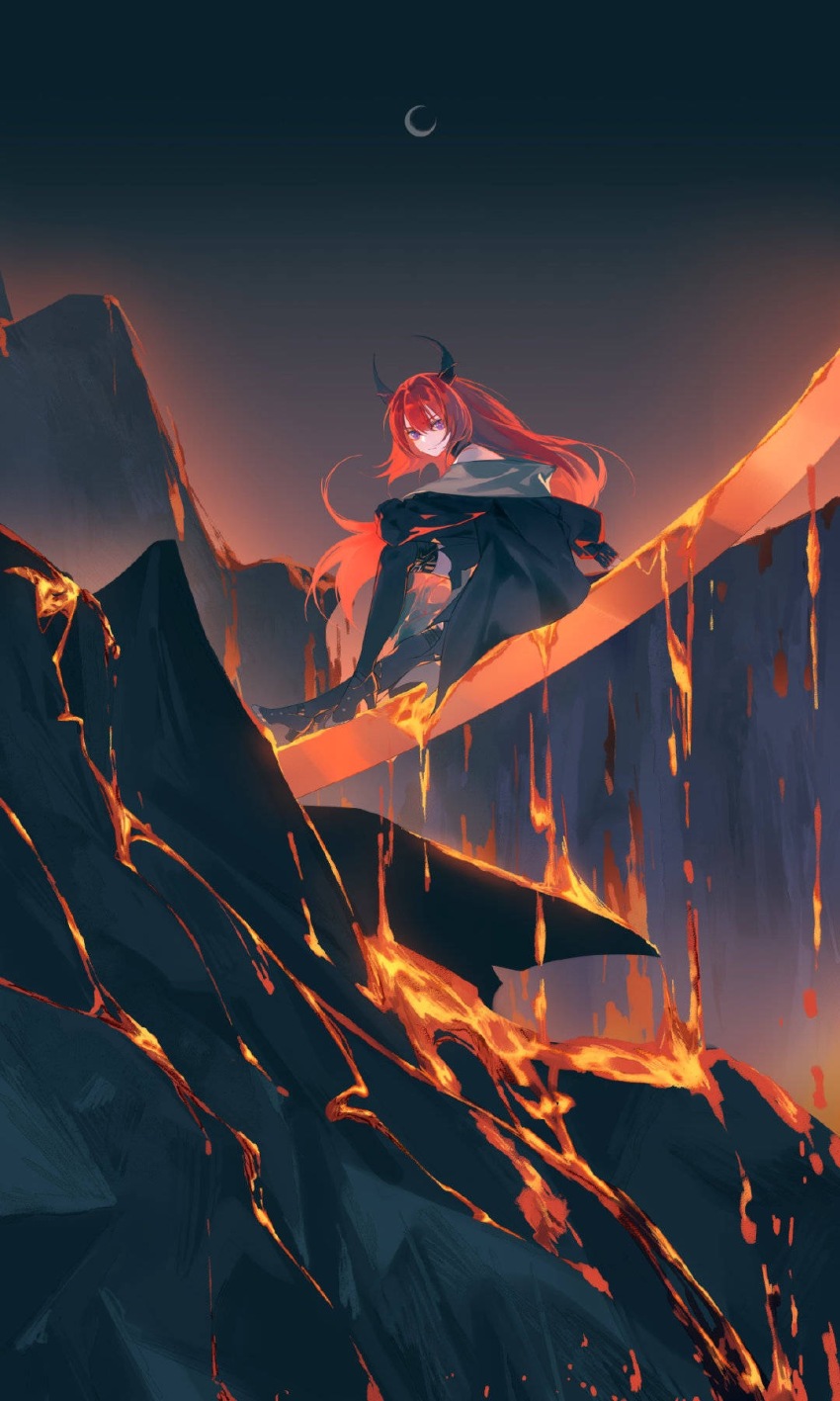 1girl, arknights, bare_shoulders, black_footwear, chinese_commentary, commentary_request, crescent_moon, demon_girl, demon_horns, dress, high_heels, highres, horns, lava, long_hair, looking_at_viewer, lubusi, moon, night, outdoors, purple_eyes, red_hair, sitting, sky, solo, surtr_(arknights), thighhighs, very_long_hair
