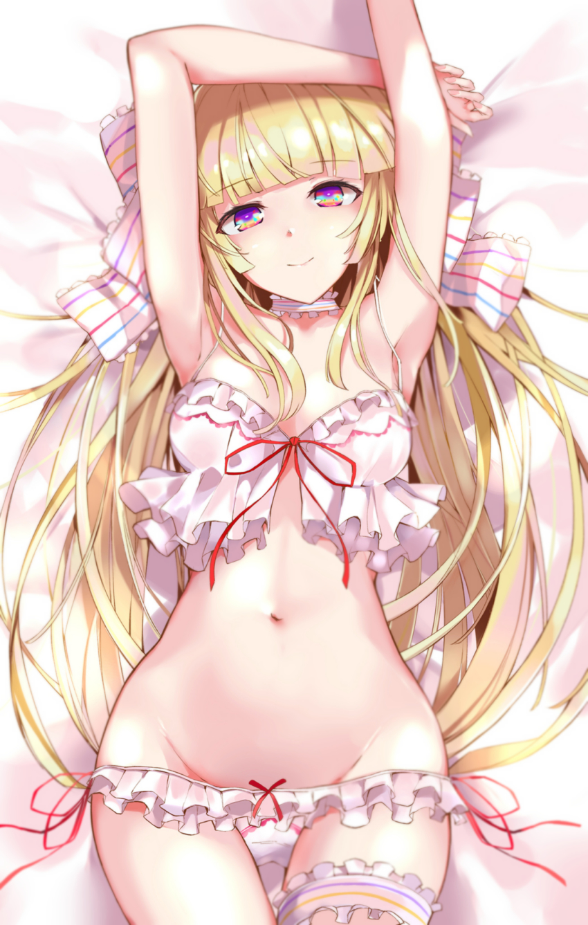 1girl, armpits, arms_up, bed_sheet, bemani, blonde_hair, blunt_bangs, bow, bra, breasts, hair_between_eyes, hair_bow, highres, kie_(yospcd), kougei_ciel_nana, long_hair, looking_at_viewer, lying, medium_breasts, navel, on_back, panties, purple_eyes, sidelocks, smile, solo, sound_voltex, thigh_strap, underwear, white_bra, white_panties