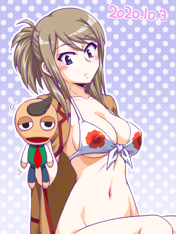 1girl, bikini, black_eyes, blue_background, breasts, brown_hair, brown_jacket, cleavage