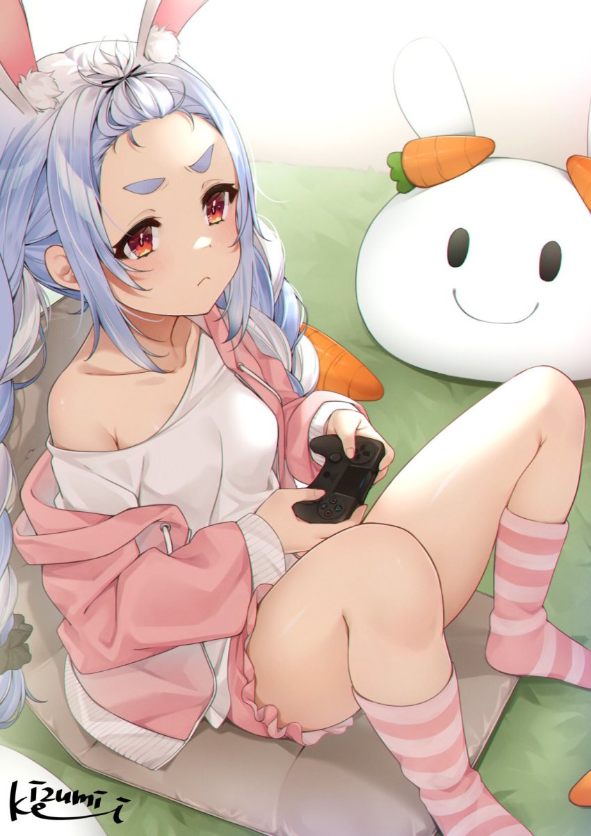 1girl, animal_ear_fluff, animal_ears, bangs_pinned_back, blue_hair, braid, breasts, collarbone