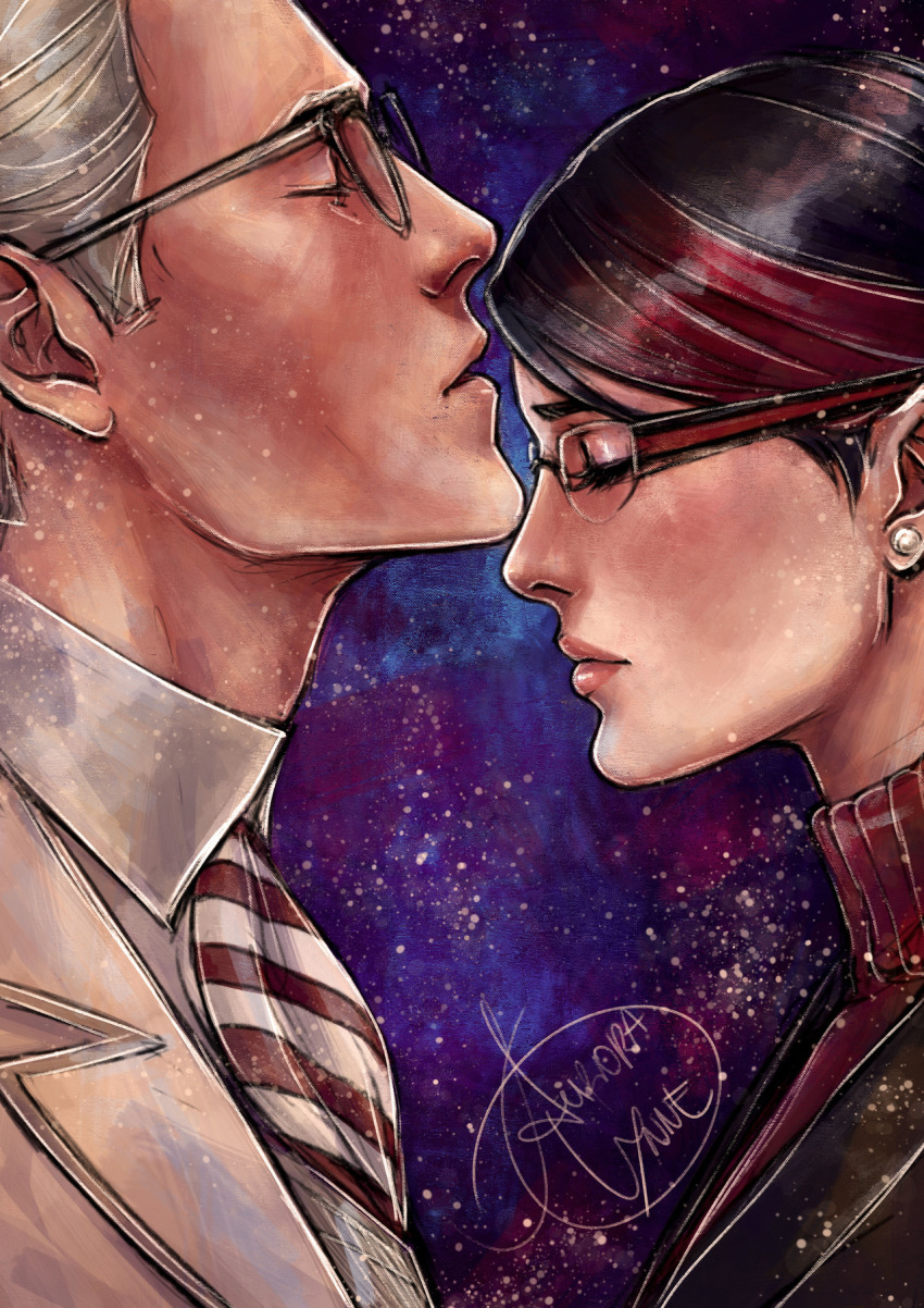 1boy, 1girl, aged_up, ascot, bangs_pinned_back, black_hair, black_jacket, blazer, blue_hair, closed_eyes, collared_shirt, dark_blue_hair, earrings, eyeshadow, formal_clothes, gabriel_agreste, galaxy, glasses, grey_hair, hawkmoth_(miraculous_ladybug), hetero, highres, imminent_kiss, jacket, jewelry, kiss, kissing_forehead, lips, lipstick, makeup, miraculous_ladybug, multicolored_hair, nathalie_sancoeur, office_lady, open_mouth, painting_(medium), pale_skin, parted_lips, pearl_earrings, pink_lips, platinum_blonde_hair, red_hair, sad, scarf, secretary, shirt, signature, space_print, star_(sky), starry_sky_print, streaked_bangs, streaked_hair, striped_ascot, striped_clothes, striped_neckwear, striped_scarf, suit, suit_jacket, sweater, traditional_media, tumblr, turtleneck, turtleneck_sweater, watercolor_(medium)