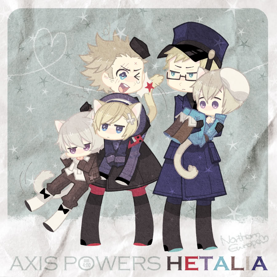 00s, 5boys, animal_ears, axis_powers_hetalia, blonde_hair, blue_eyes, boots, cat_boy, cat_ears, cat_tail, chibi, cross, denmark_(hetalia), finland_(hetalia), garrison_cap, glasses, gloves, gozen4ji, hair_ornament, hairclip, hat, heart, iceland_(hetalia), male_focus, military, military_uniform, multiple_boys, norway_(hetalia), purple_eyes, shako_cap, silver_hair, snow, star_(symbol), sweden_(hetalia), tail, wince
