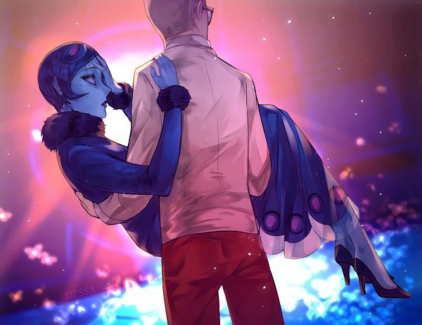 1boy, 1girl, aged_up, alter-ego, artist_name, ass, beige_jacket, bird, black_fur, blazer, blue_dress, blue_hair, blue_skin, bob_cut, bug, butterfly, carrying, colored_sclera, colored_skin, couple, dessa-nya, dress, evening_gown, formal_clothes, from_behind, fur_cuffs, fur_trim, furry, gabriel_agreste, gasp, glasses, gown, hair_ornament, hand_on_another's_shoulder, hand_on_forehead, hand_on_own_face, hand_on_own_head, hawkmoth_(miraculous_ladybug), hetero, high_heels, holding_person, injury, insect, jacket, long_dress, looking_at_another, looking_away, looking_to_the_side, mayura_(miraculous_ladybug), miraculous_ladybug, nathalie_sancoeur, open_mouth, pants, parted_lips, peacock, peacock_feathers, peacock_mayura, peafowl, platinum_blonde_hair, princess_carry, pumps, purple_eyes, purple_hair, purple_sclera, red_pants, shoes, short_hair, sleeve_cuffs, suit, suit_jacket, sun_glare, sunlight, superhero_costume, surprised, tight_clothes, tight_pants, villian, white_butterfly, window