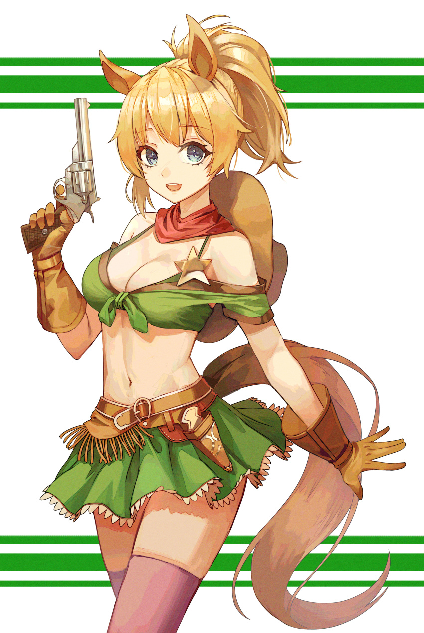 1girl, :d, absurdres, animal_ears, bare_shoulders, belt, bikini, bikini_top_only