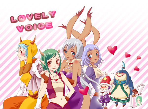 4girls, aluette, animal_ears, bare_shoulders, blue_eyes, blue_hair, rabbit_ears, dark_skin, dark-skinned_female, dragon_girl, dragon_horns, dragon_tail, final_fantasy, final_fantasy_tactics_a2, final_fantasy_tactics_advance, green_hair, gria, heart, hitsuji_nana, horns, jacket, lili_(ffta2), long_hair, lovely_voice, mayhew, midriff, monster_girl, moogle, multiple_girls, navel, pointy_ears, prima_donna, red_eyes, seeq, short_hair, silver_hair, smile, tail, valentyne, vest, viera, wings, youshichi