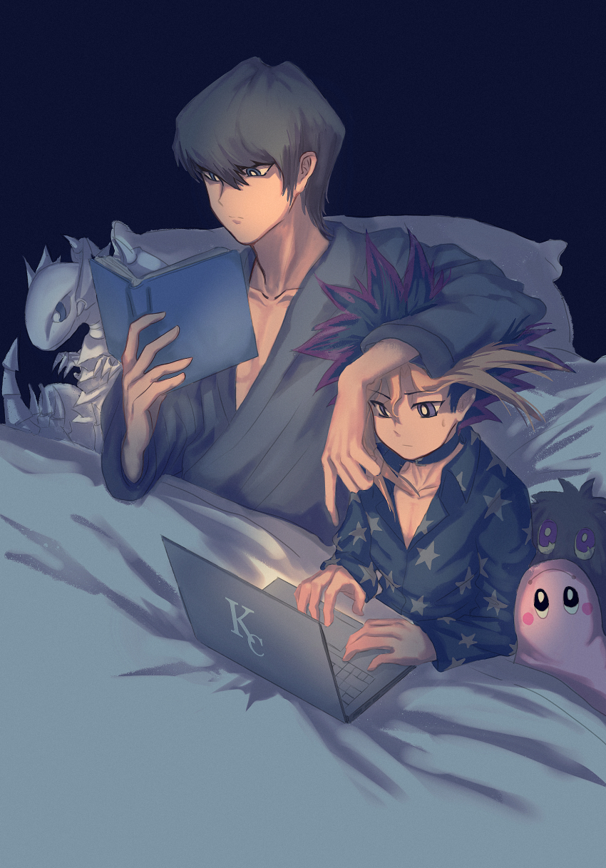 bed, blue-eyes_toon_dragon, blue-eyes_white_dragon, book, brown_hair, computer, highres, kaiba_seto