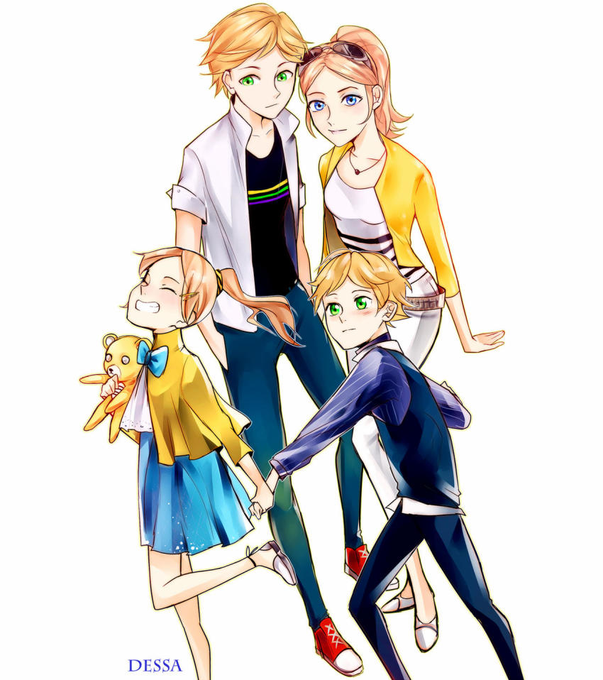 2boys, 2girls, adrien_agreste, aged_down, annoyed, ballet_flats, bangs_pinned_back, blonde_hair, blue_bow, blue_eyes, bow, cardigan, child, chloe_bourgeois, couple, dessa-nya, eyewear_on_head, formal_clothes, green_eyes, grin, hetero, highres, holding_hands, jacket, leaning_on_person, miraculous_ladybug, multiple_boys, multiple_girls, playing, ponytail, pulling, pulling_another's_clothes, queen_bee, running, shirt, shoes, smile, sneakers, strawberry_blonde, striped_clothes, striped_shirt, stuffed_animal, stuffed_toy, suit, sunglasses, teddy_bear, yellow_cardigan, yellow_jacket