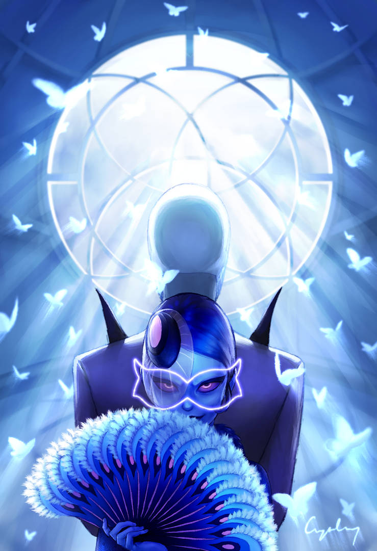 1boy, 1girl, alter-ego, artist_name, back-to-back, blue_skin, bob_cut, bug, butterfly, colored_sclera, colored_skin, costume, couple, crysenly, dress, earrings, eyeliner, facing_away, facing_viewer, feather_fan, feather_hair_ornament, feathers, formal_clothes, fur_trim, glaring, glowing_butterfly, hair_ornament, hand_fan, hawkmoth_(miraculous_ladybug), headwear_request, insect, jacket, jewelry, makeup, mask, mask_on_head, mayura, mayura_(miraculous_ladybug), miraculous_ladybug, nathalie_sancoeur, peacock_feathers, pink_eyes, purple_jacket, purple_sclera, smirk, suit, sun_glare, sunlight, superhero_costume, white_butterfly, window