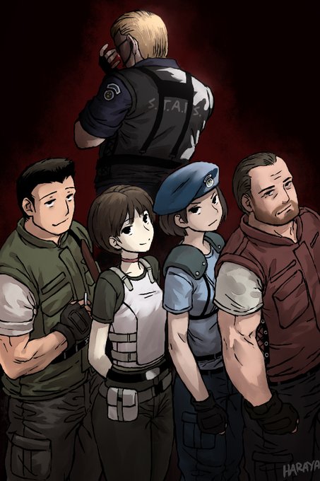 2girls, 3boys, albert_wesker, armor, artist_name, barry_burton, beard, black_gloves