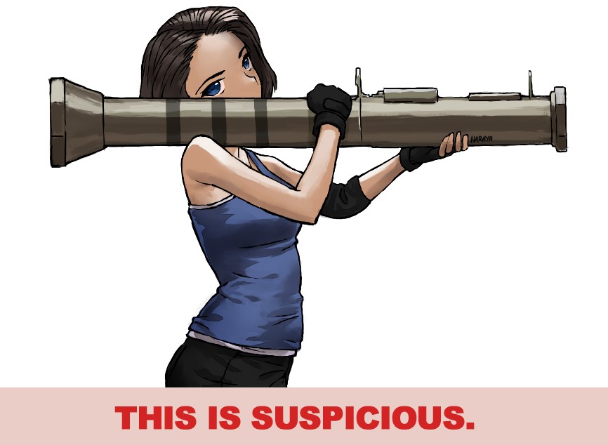 1girl, artist_name, at4, blue_eyes, brown_hair, english_text, fingerless_gloves, gloves, haraya_manawari, holding, holding_weapon, jill_valentine, man-portable_anti-tank_systems, recoilless_gun, resident_evil, resident_evil_3:_nemesis, resident_evil_3_(remake), rocket_launcher, saab_bofors_dynamics, signature, solo, tank_top, upper_body, weapon, white_background