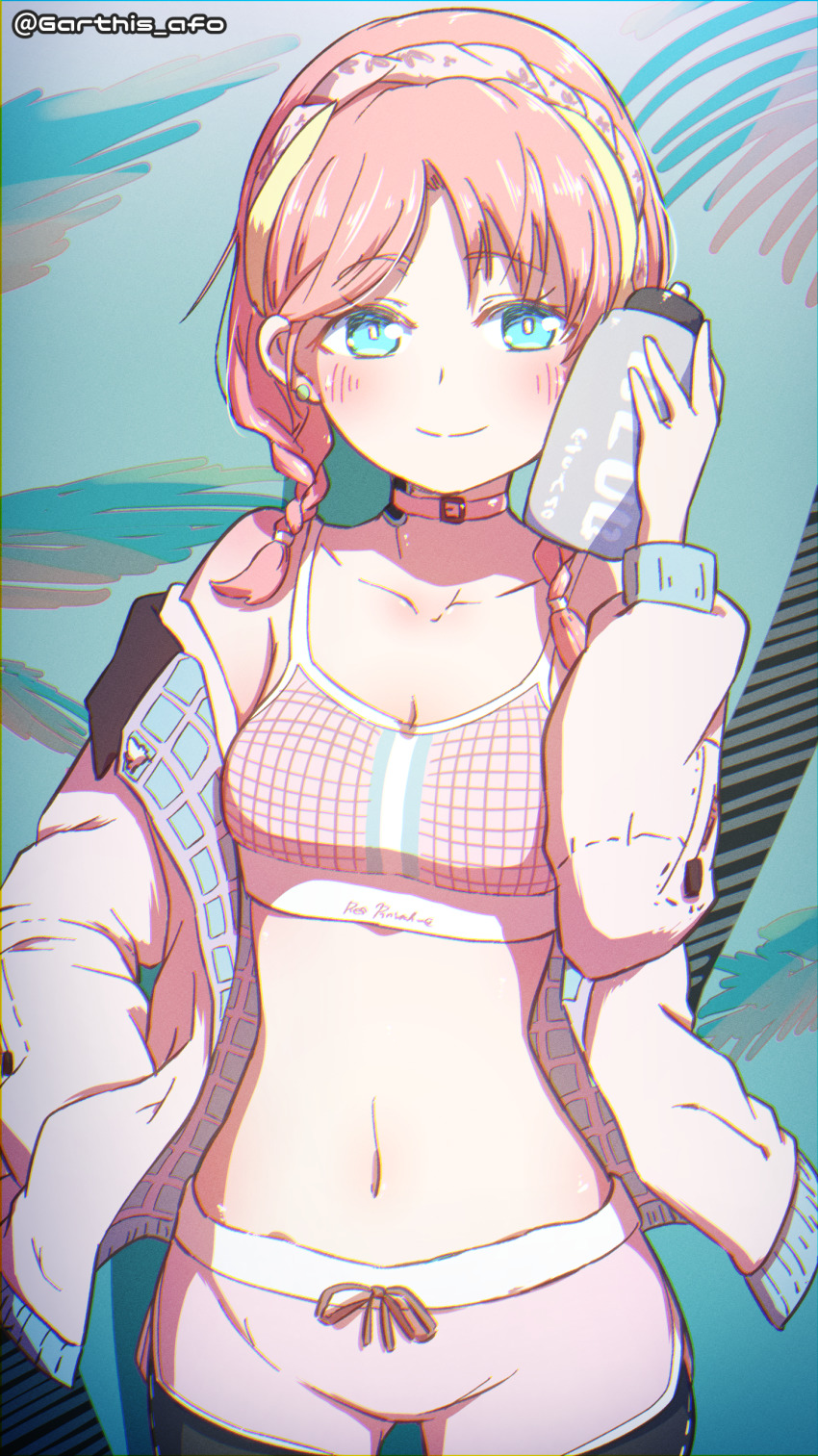 1girl, a.f.o, absurdres, arknights, black_pants, blue_eyes, blue_poison_(arknights), blue_poison_(shoal_beat)_(arknights), blush, bottle, choker, collarbone, cowboy_shot, ear_piercing, hairband, hand_in_pocket, highres, jacket, looking_at_viewer, medium_hair, midriff, navel, off_shoulder, official_alternate_costume, open_clothes, open_jacket, pants, pants_under_shorts, piercing, pink_choker, pink_jacket, pink_shorts, pink_sports_bra, scales, shorts, smile, sports_bra, twitter_username, water_bottle