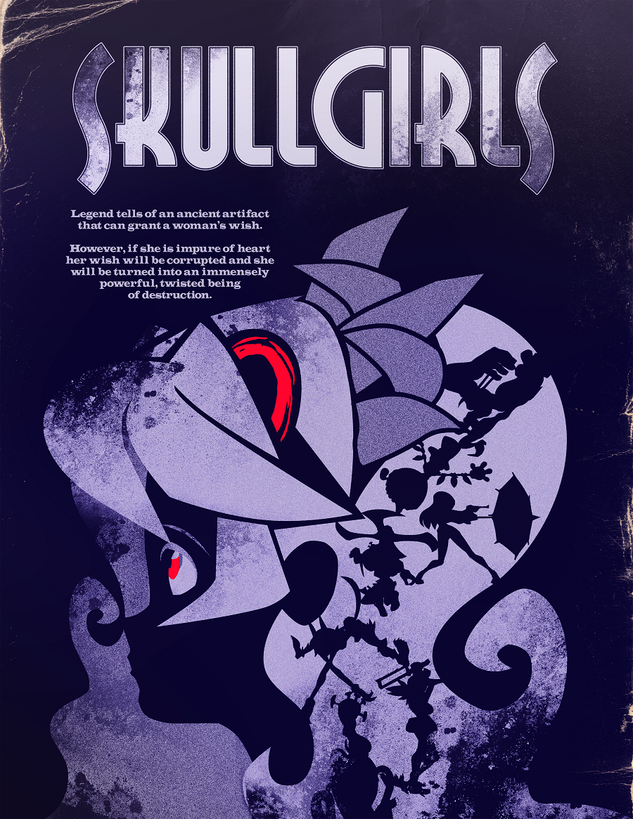 2013, 6+girls, blue_background, bonesaw, brady_hartel, cerebella_(skullgirls), dated, double_(skullgirls), everyone, filia_(skullgirls), gun, handgun, krieg_(skullgirls), looking_up, luger_p08, ms._fortune_(skullgirls), multiple_girls, official_art, painwheel_(skullgirls), parasoul_(skullgirls), peacock_(skullgirls), portrait, poster_(medium), profile, promotional_art, red_eyes, samson_(skullgirls), saw, sharp_teeth, silhouette, skullgirls, teeth, umbrella, valentine_(skullgirls), vice-versa_(skullgirls), weapon