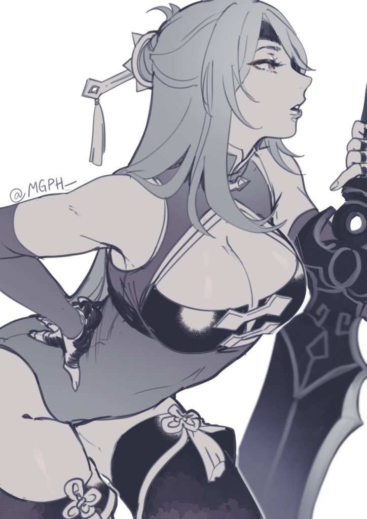 1girl, bare_shoulders, beidou_(genshin_impact), bodice, breasts, cleavage, commentary, dress, elbow_gloves, english_commentary, eyepatch, fingerless_gloves, fingernails, genshin_impact, gloves, greatsword, greyscale, hair_ornament, hair_over_one_eye, hair_stick, hairpin, hand_on_own_hip, holding, holding_sword, holding_weapon, jewelry, large_breasts, lips, long_hair, looking_to_the_side, mgph, monochrome, open_mouth, simple_background, sleeveless, solo, sword, tassel, thighhighs, twitter_username, weapon, white_background