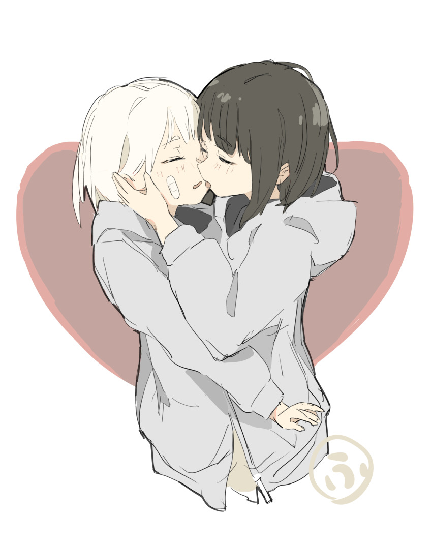 2girls, absurdres, bandaid, black_hair, blush, closed_eyes, hands_on_cheeks, highres, hood, imminent_kiss, jacket, kiss, multiple_girls, original, short_hair, simple_background, tongue, tongue_out, white_hair, yuri