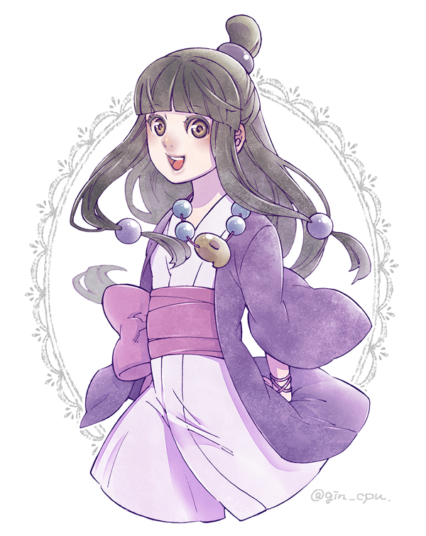 1girl, maya_fey, black_hair, ace_attorney, hair_ornament, half_updo, japanese_clothes, jewelry