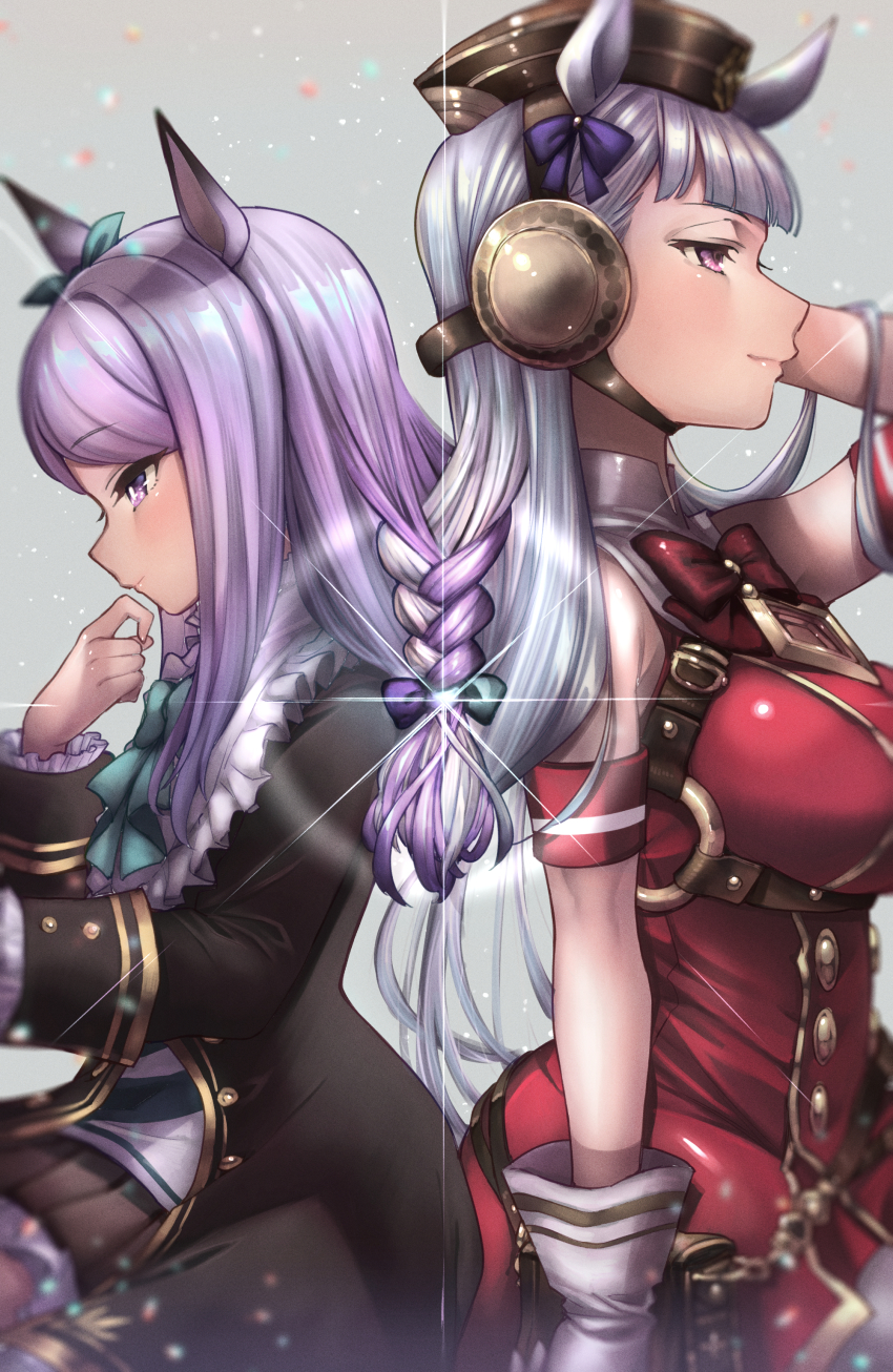 2girls, absurdres, animal_ears, arm_behind_head, back-to-back, black_jacket, black_skirt, bow