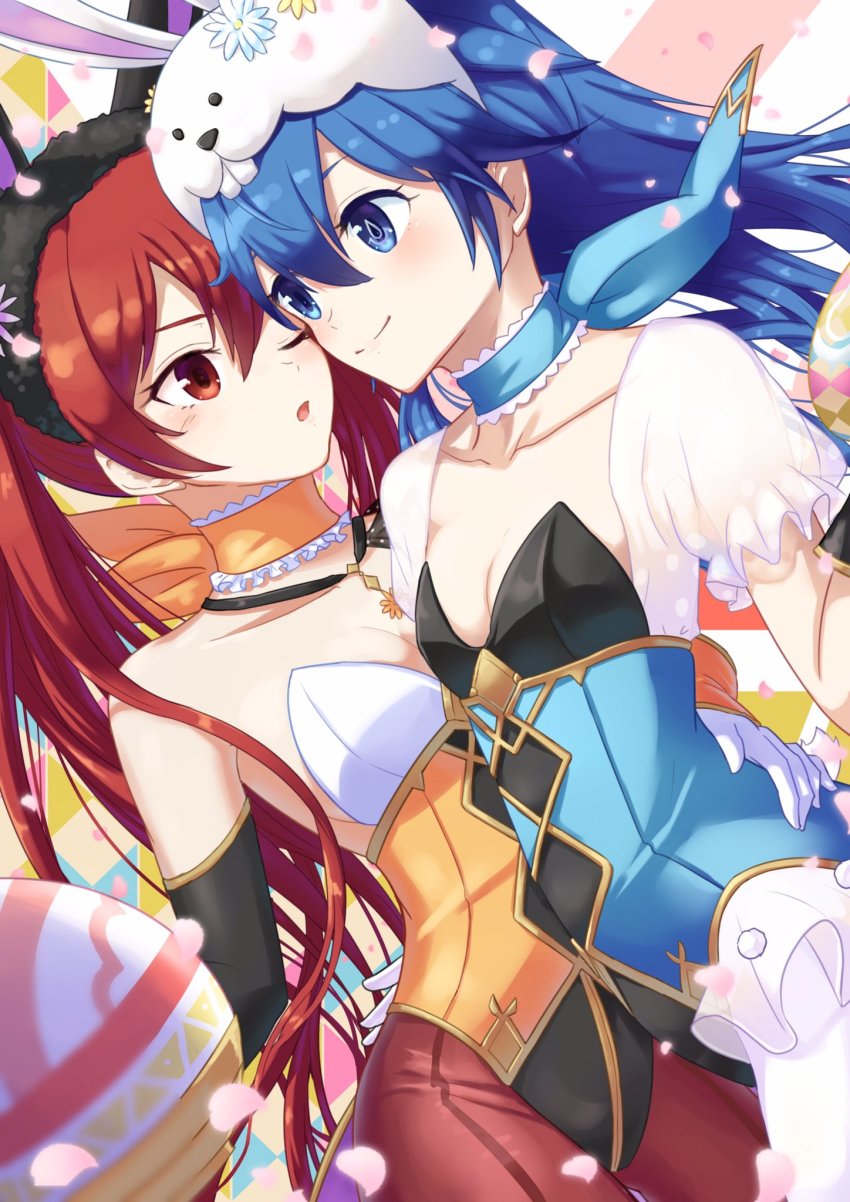 2girls, animal_ears, blue_eyes, blue_hair, breasts, cleavage, egg, fake_animal_ears, female_focus, fire_emblem, fire_emblem_awakening, fire_emblem_heroes, highres, hug, long_hair, lucina_(fire_emblem), lucina_(spring_exalt)_(fire_emblem), matching_hair/eyes, multiple_girls, nintendo, official_alternate_costume, pantyhose, playboy_bunny, rabbit_ears, red_eyes, red_hair, severa_(fire_emblem), severa_(spring)_(fire_emblem), sumire_l.a., twintails, yuri