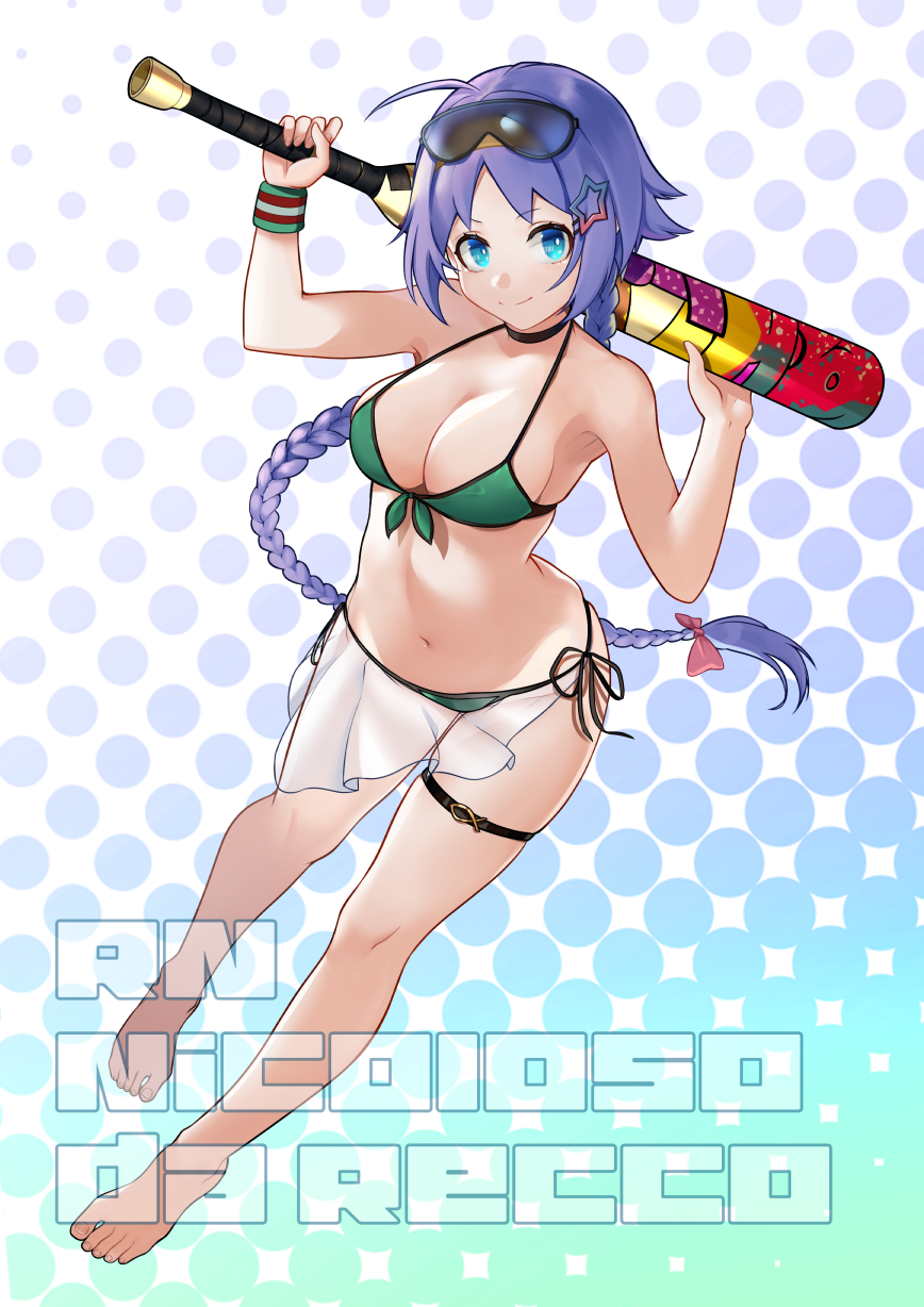 1girl, azur_lane, bikini, blue_eyes, bow, braid, breasts, green_bikini