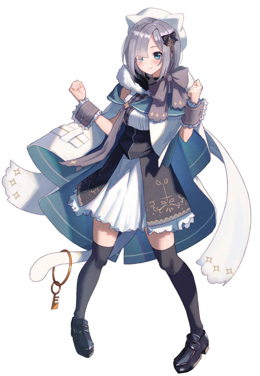 1girl, aqua_eyes, black_bow, black_shoes, black_thighhighs, blush, bow, breasts