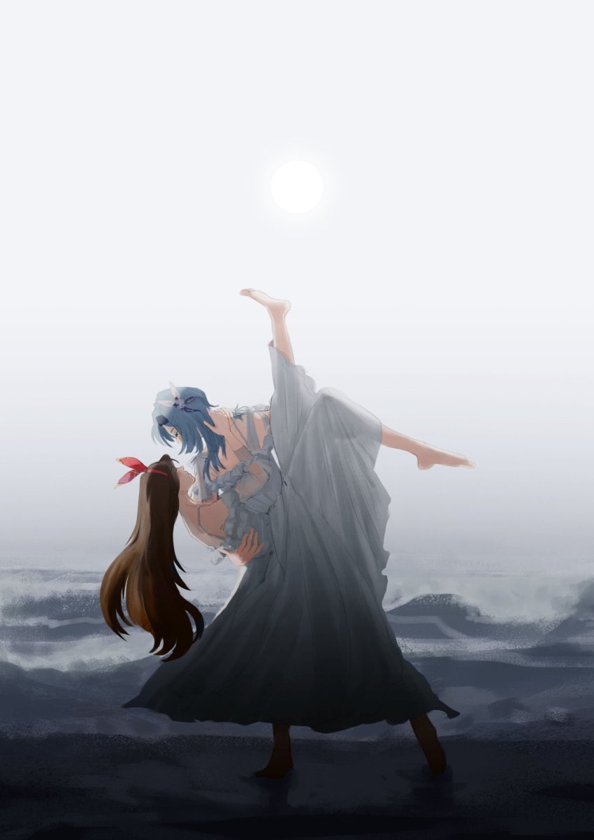 2girls, amber_(genshin_impact), arms_around_neck, bare_arms, bare_shoulders, barefoot, beach, blue_hair, blush, bow, brown_hair, carrying, couple, dancing, dress, eula_(genshin_impact), eye_contact, female_focus, genshin_impact, hair_ornament, headband, highres, hug, long_hair, looking_at_another, looking_down, multiple_girls, outdoors, pale_skin, pepppaya, princess_carry, water, waves, white_dress, yuri