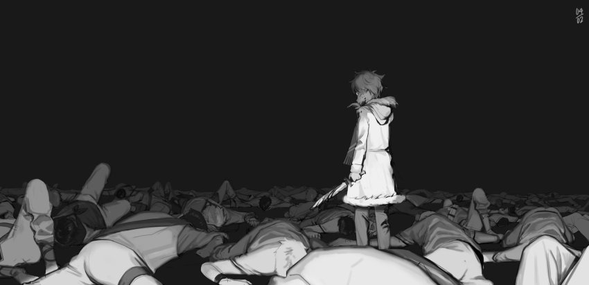 1boy, black_background, blood, blood_on_face, bloody_weapon, corpse, fur_trim, genshin_impact