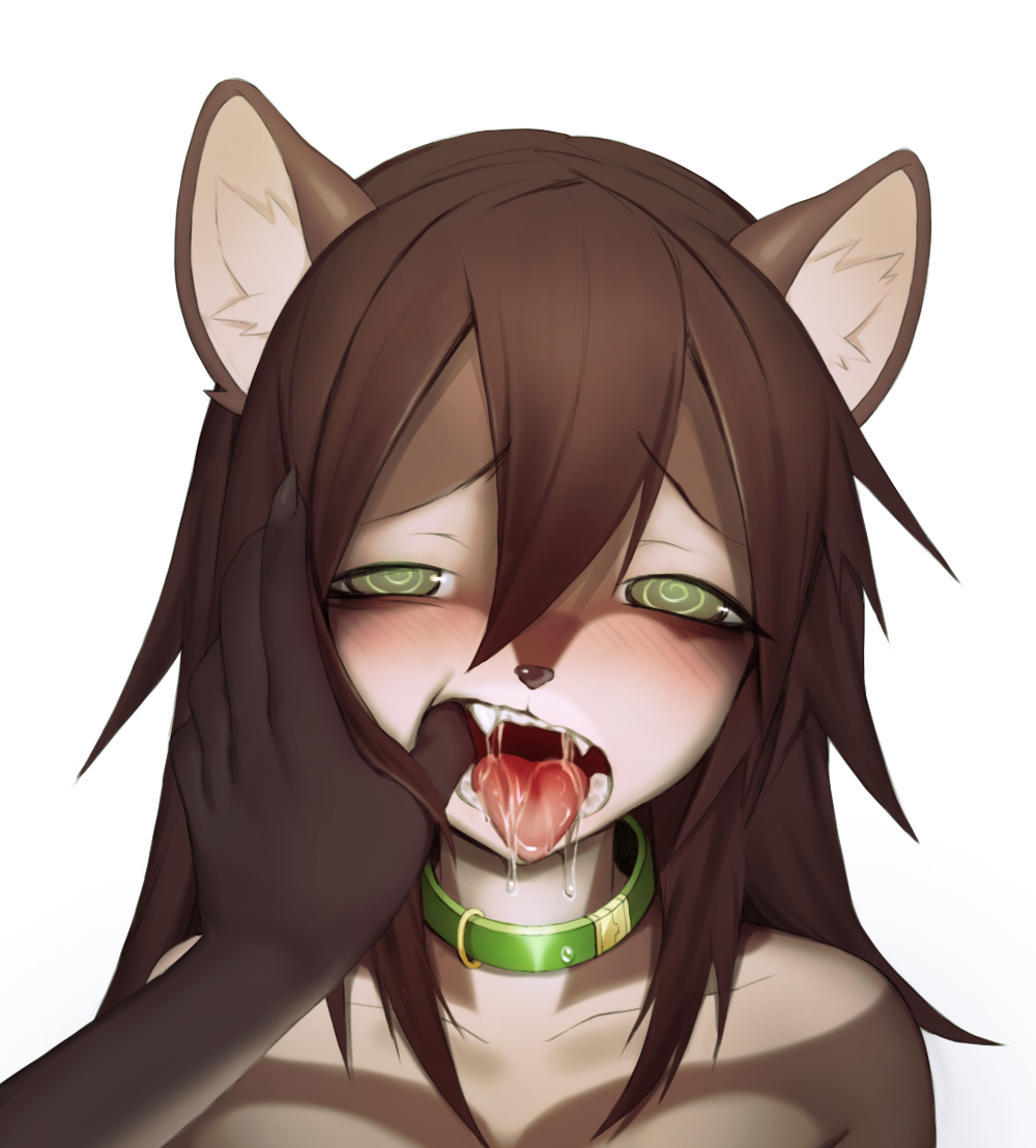 1girl, 1other, animal_ears, blush, borrowed_character, brown_hair, cat_ears, collar, commission, drooling, fangs, finger_in_another's_mouth, furry, green_eyes, hair_between_eyes, long_hair, mouth_pull, original, portrait, ringed_eyes, ro47, saliva, simple_background, solo_focus, teeth, tongue, tongue_out, white_background