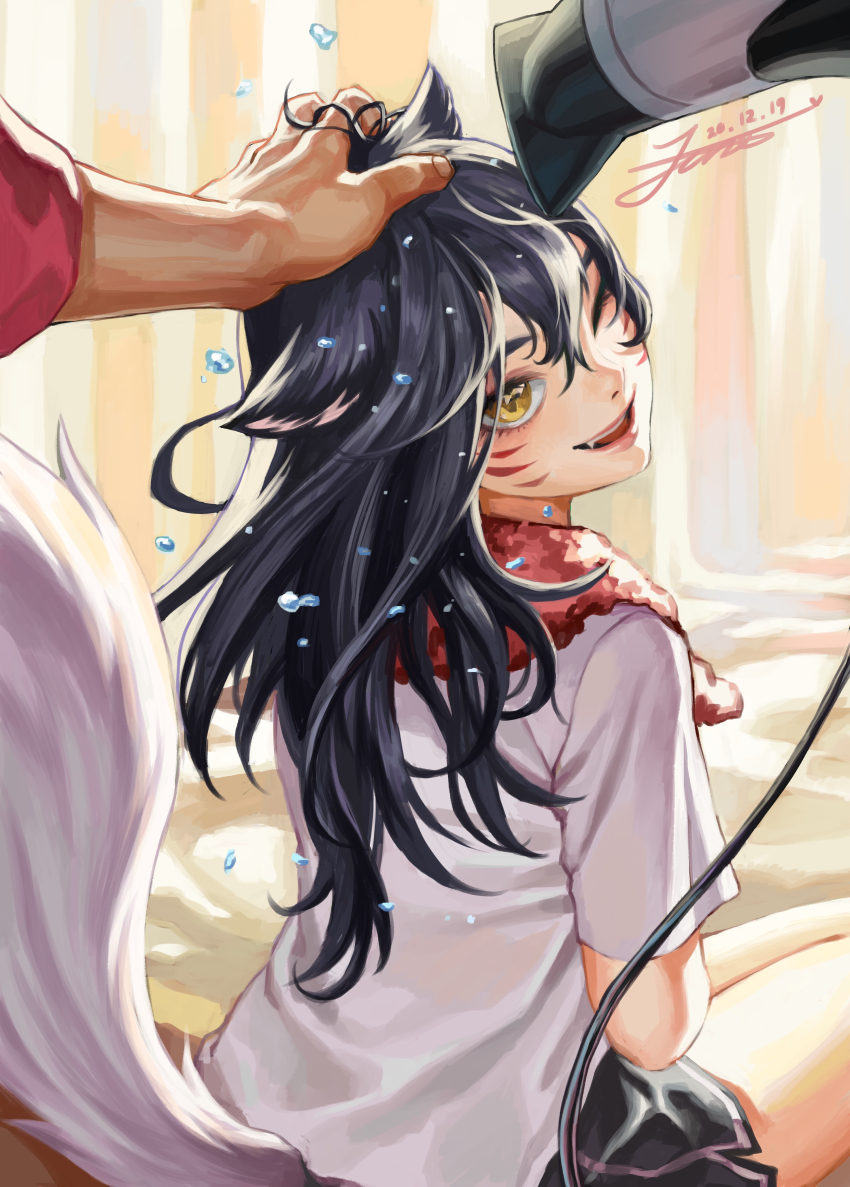1boy, 1girl, absurdres, aged_down, ahri_(league_of_legends), animal_ears, black_shorts, brown_eyes