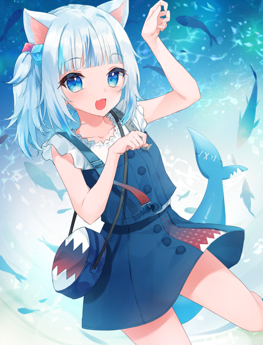 1girl, :d, animal, animal_ears, bag, bare_arms, blue_bag, blue_dress